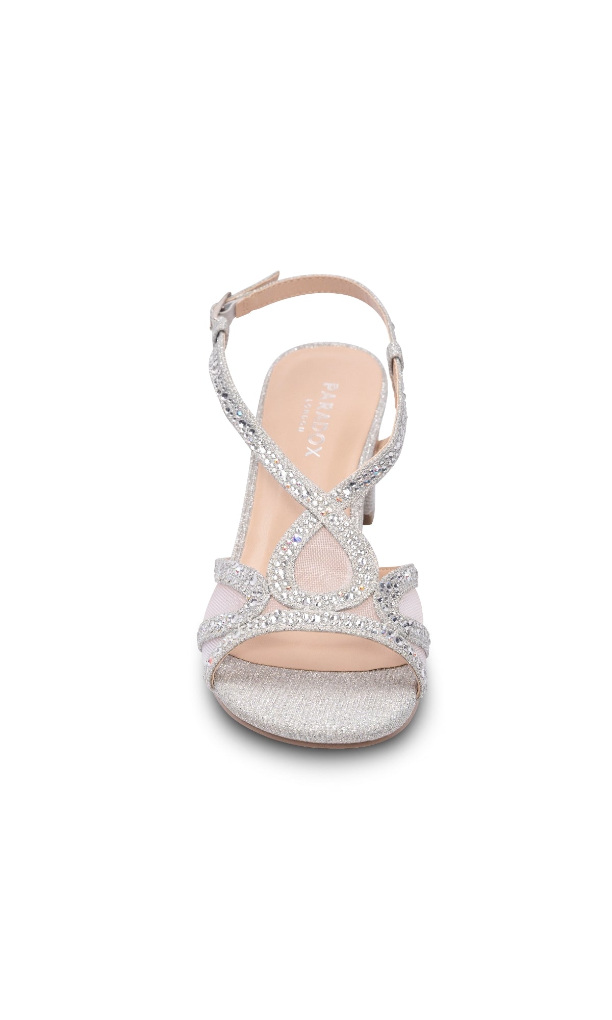 The Ingrid Silver Prom Shoes by Paradox London (P2303) feature a strappy, open-toe design with rhinestone accents and a buckle ankle strap, shown here in a silver glitter finish on a white background.